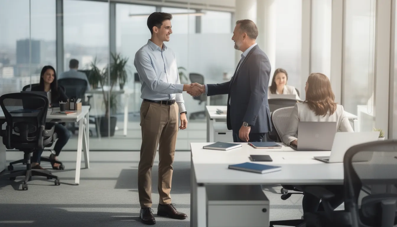 College student completing a co-op placement handshake with employer