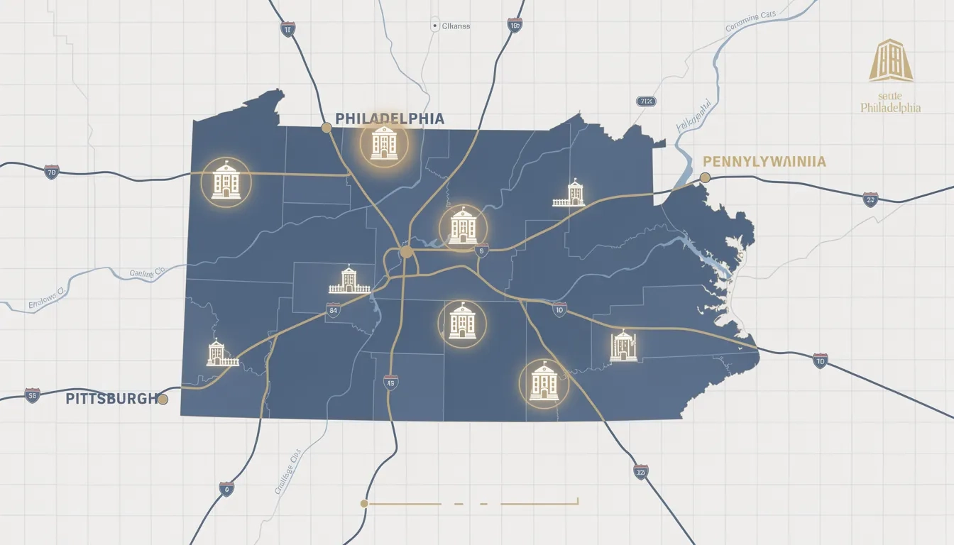 Map of Pennsylvania highlighting top college locations across the state