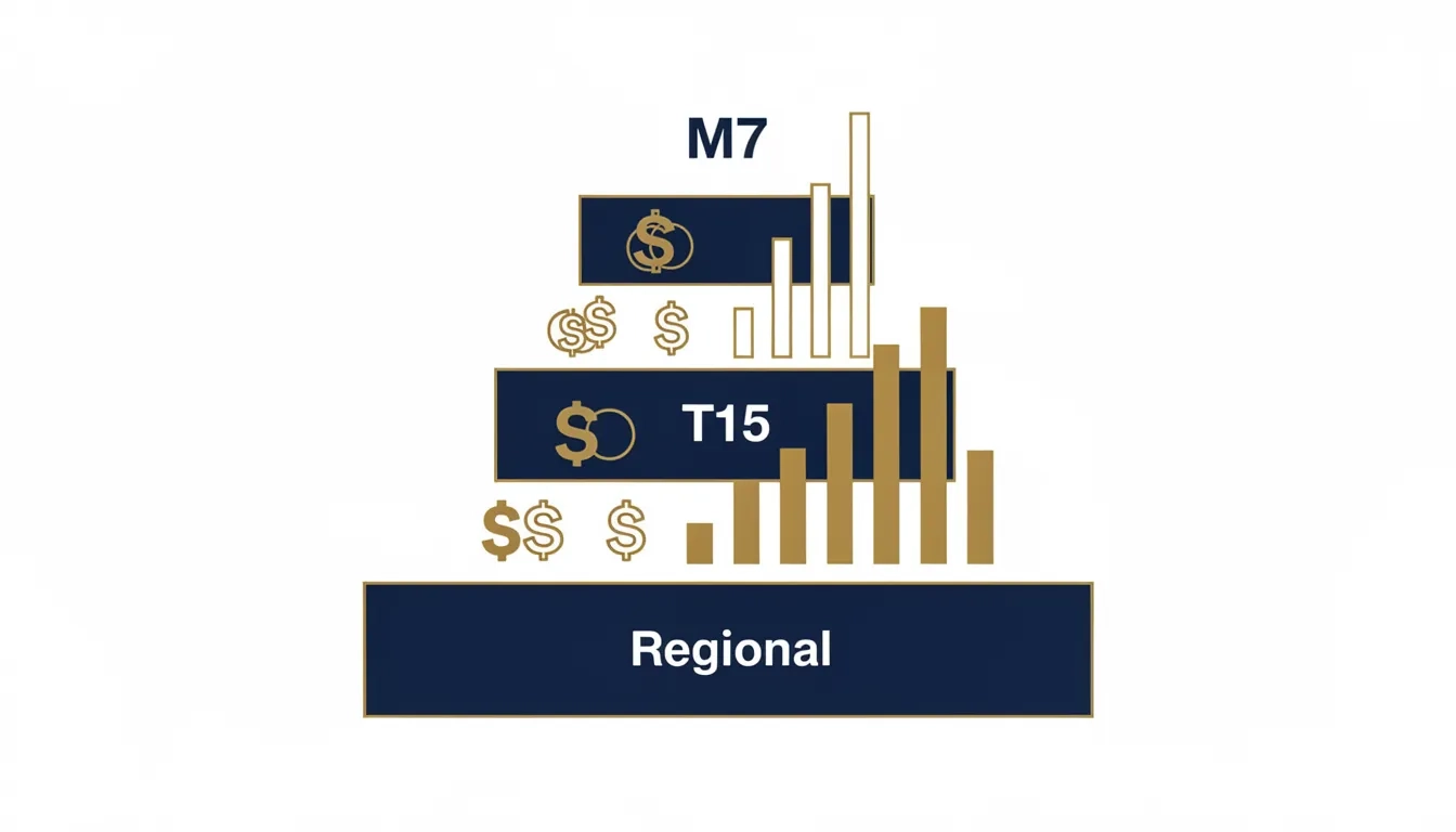 Tiered pyramid diagram showing MBA program rankings from M7 at top to regional programs at base