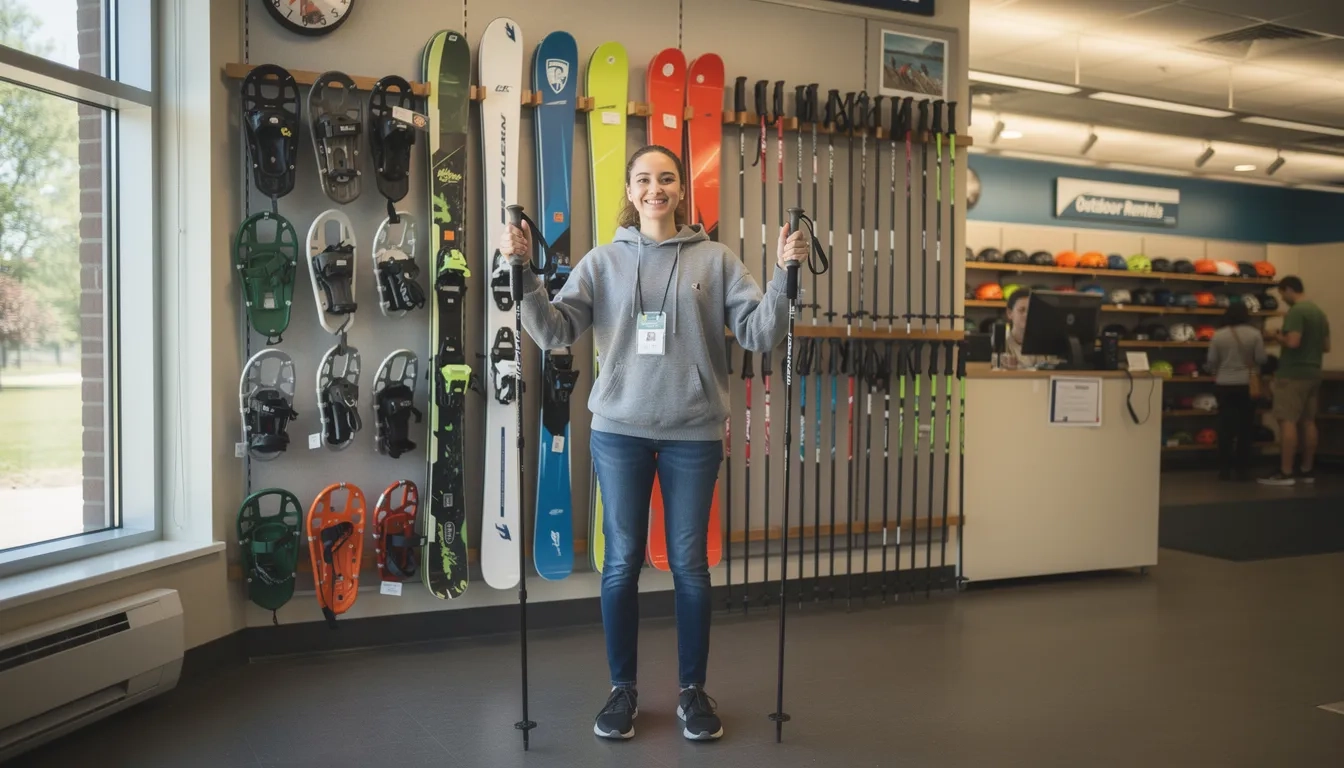 Student browsing gear rental wall at a campus outdoor recreation center