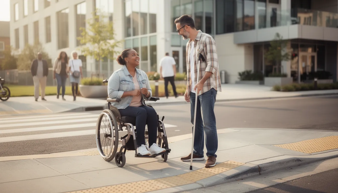 People with disabilities navigating daily life in an accessible community environment