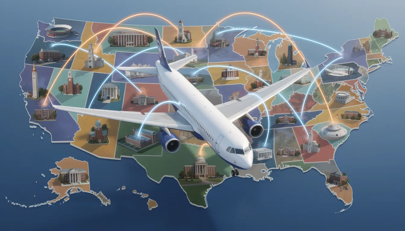 Airplane flying over a US map with conference travel routes connecting college campuses