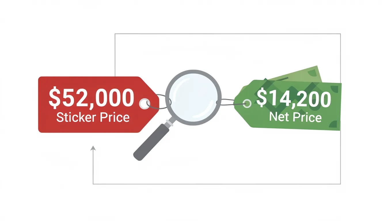 Split comparison showing a $52,000 sticker price tag on one side and a $14,000 net price tag on the other, with a magnifying glass highlighting the difference