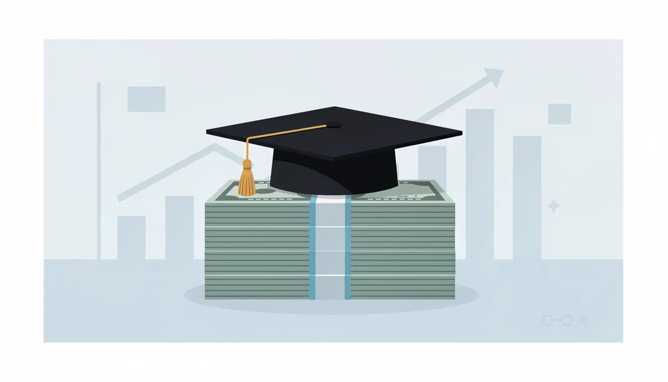 Graduation cap on a stack of money representing student loan debt