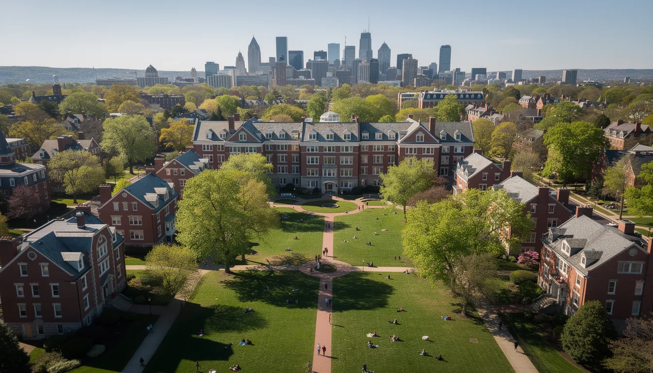 Aerial view of Tufts University campus with Boston skyline in background