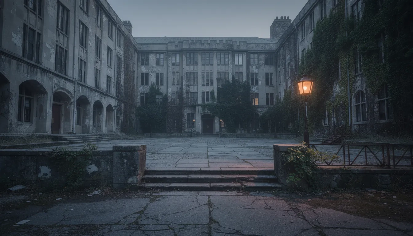 Empty university quadrangle at dusk symbolizing enrollment decline in higher education