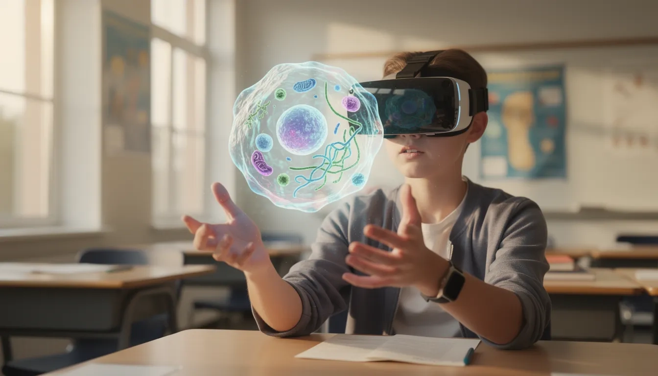 Student using VR headset to interact with a 3D educational model