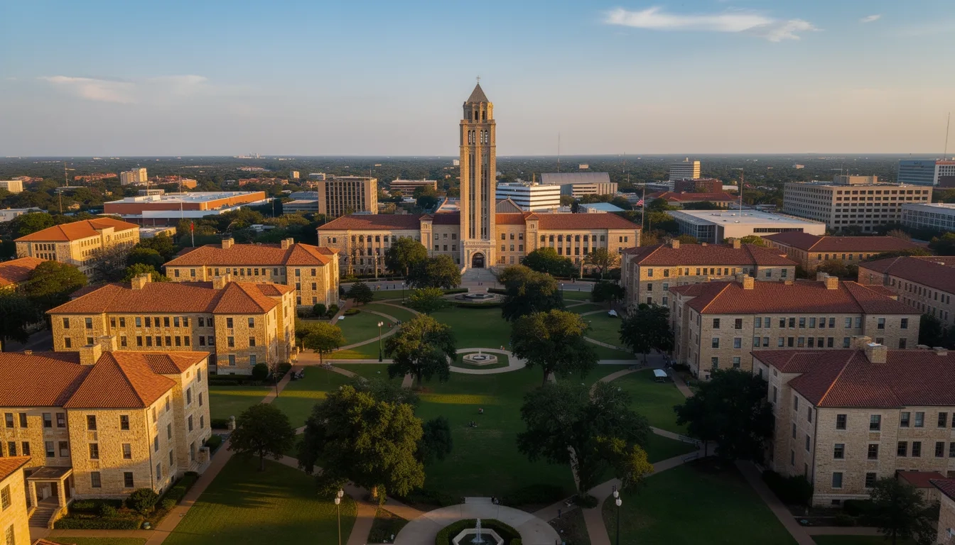 Aerial view of the University of Texas at Austin campus with the UT Tower prominently centered