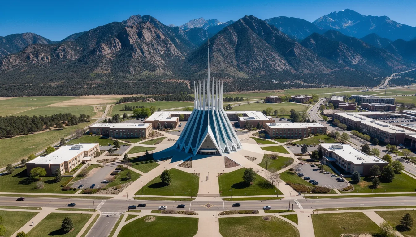 United States Air Force Academy campus aerial view with Cadet Chapel and Rocky Mountains