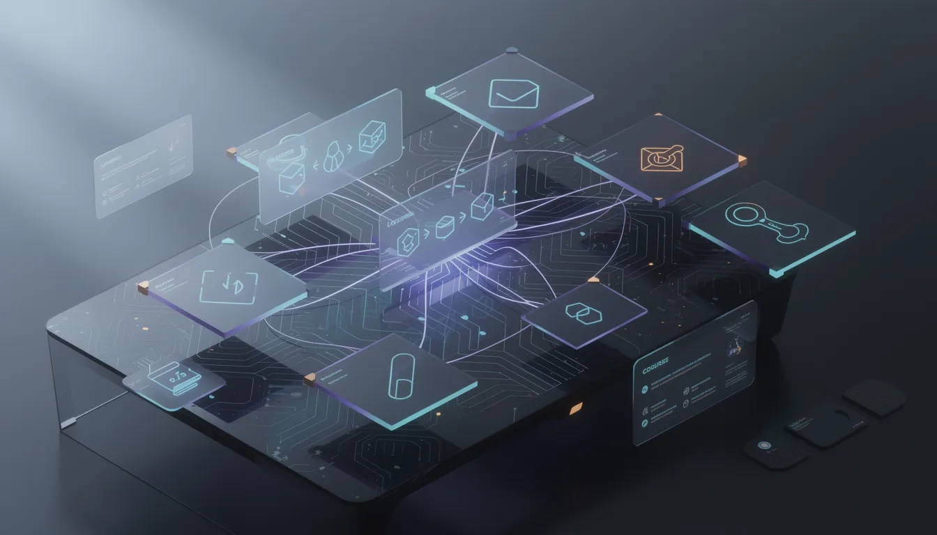Abstract 3D illustration of connected digital learning modules representing a learning management system
