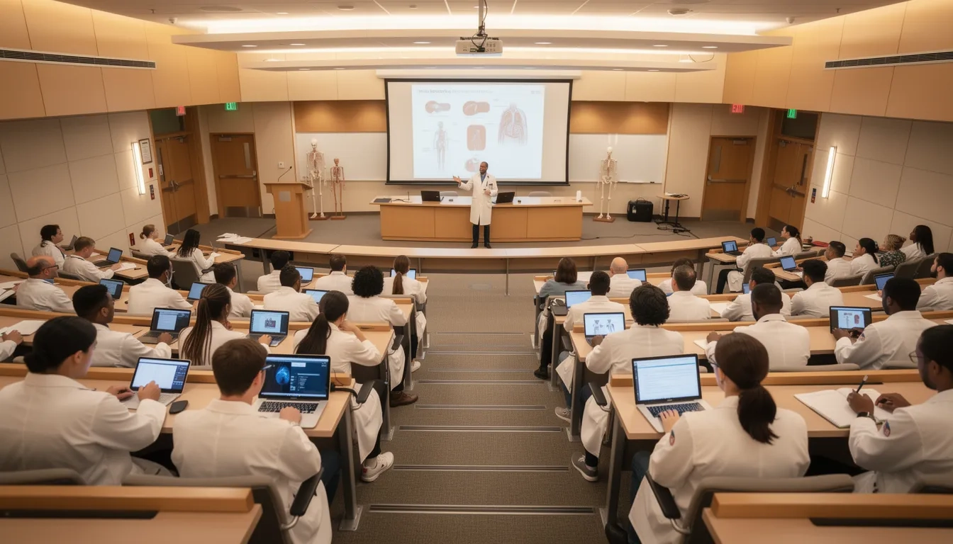 Medical students in a lecture hall during physician training