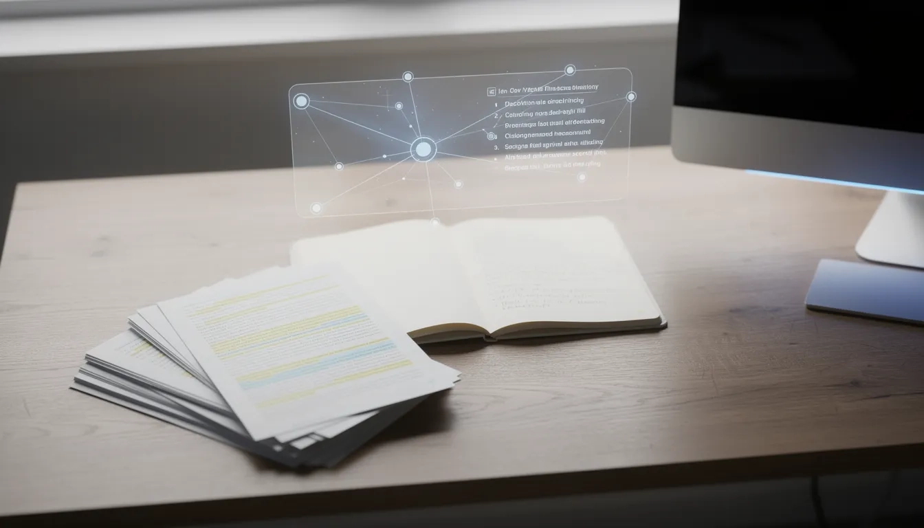 Desk with academic papers and a glowing network of digital research connections