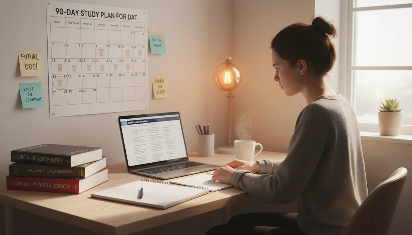 Pre-dental student studying for the DAT exam with a structured 90-day study plan