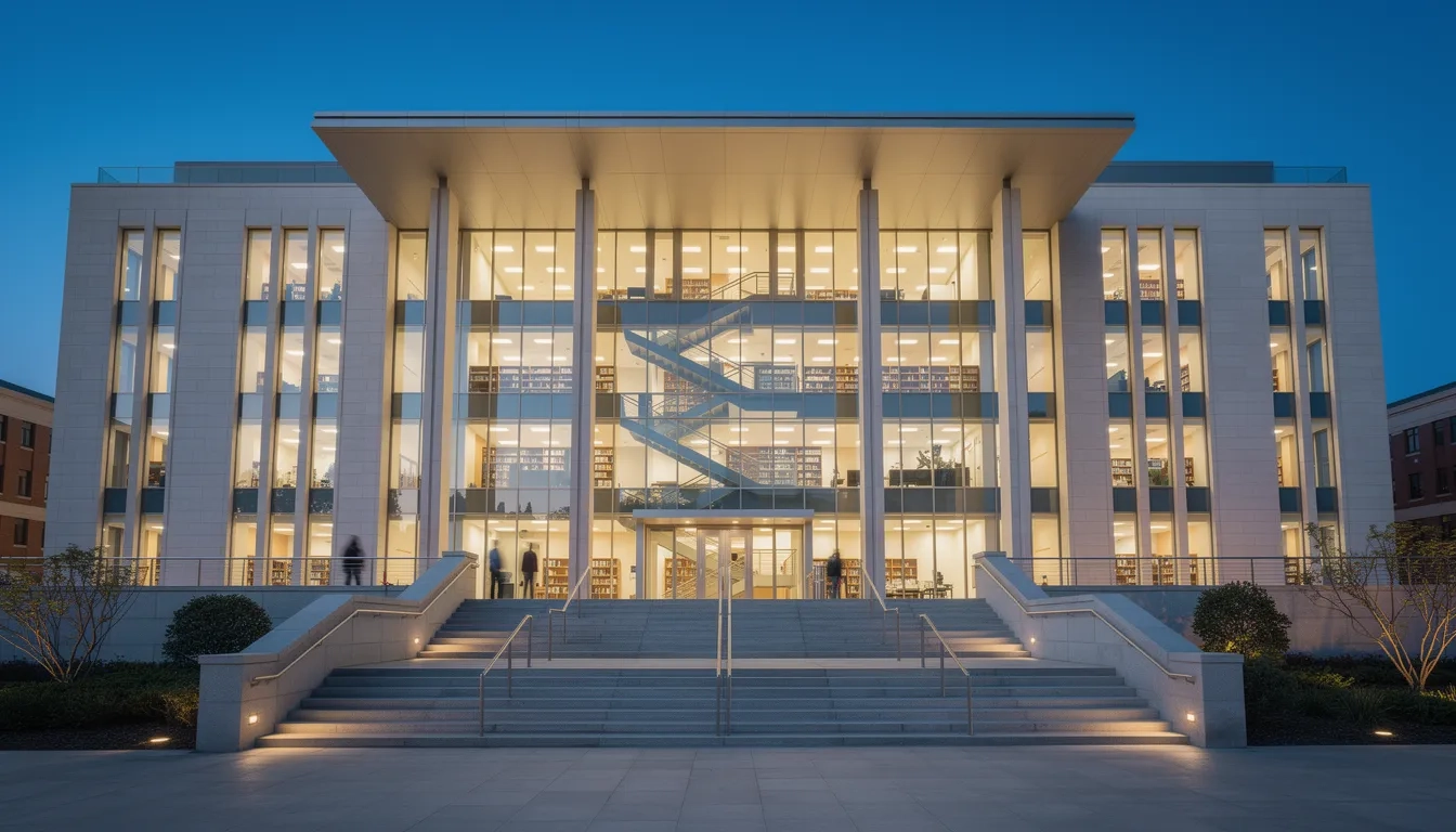 Grand university research building illuminated at dusk