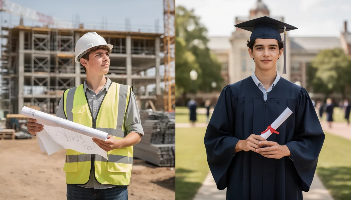 Side-by-side comparison of an apprentice and a college graduate