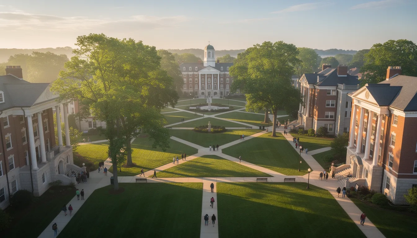 Aerial view of a university campus with students walking between academic buildings