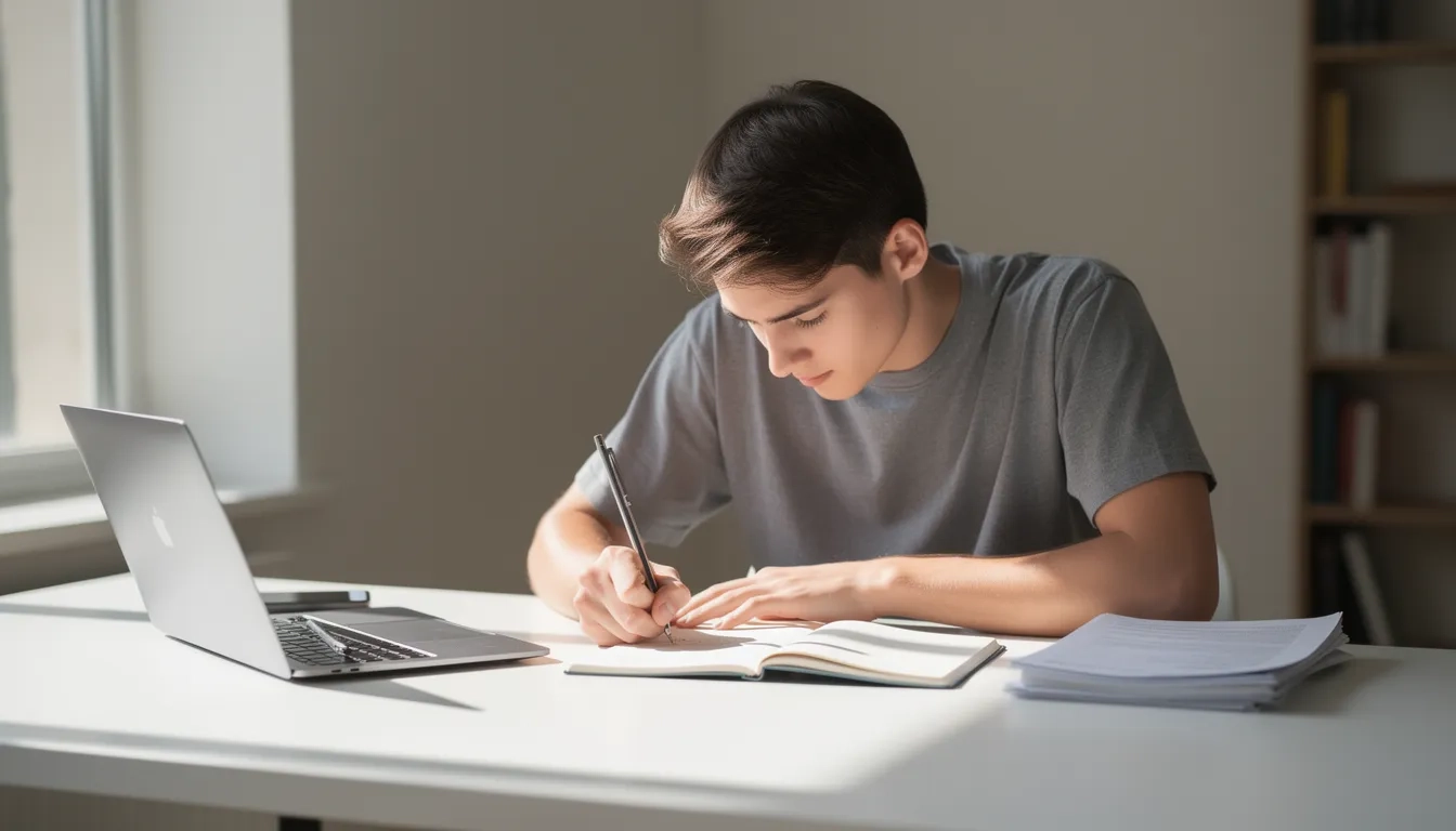 Student using active recall study techniques with handwritten notes alongside a laptop