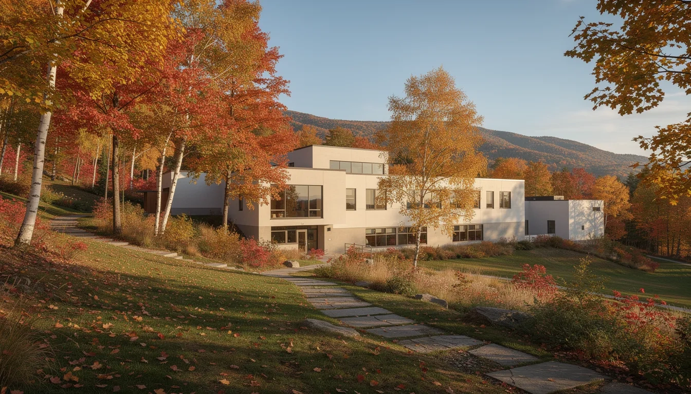 Middlebury College Environmental Studies facility with Vermont forest backdrop