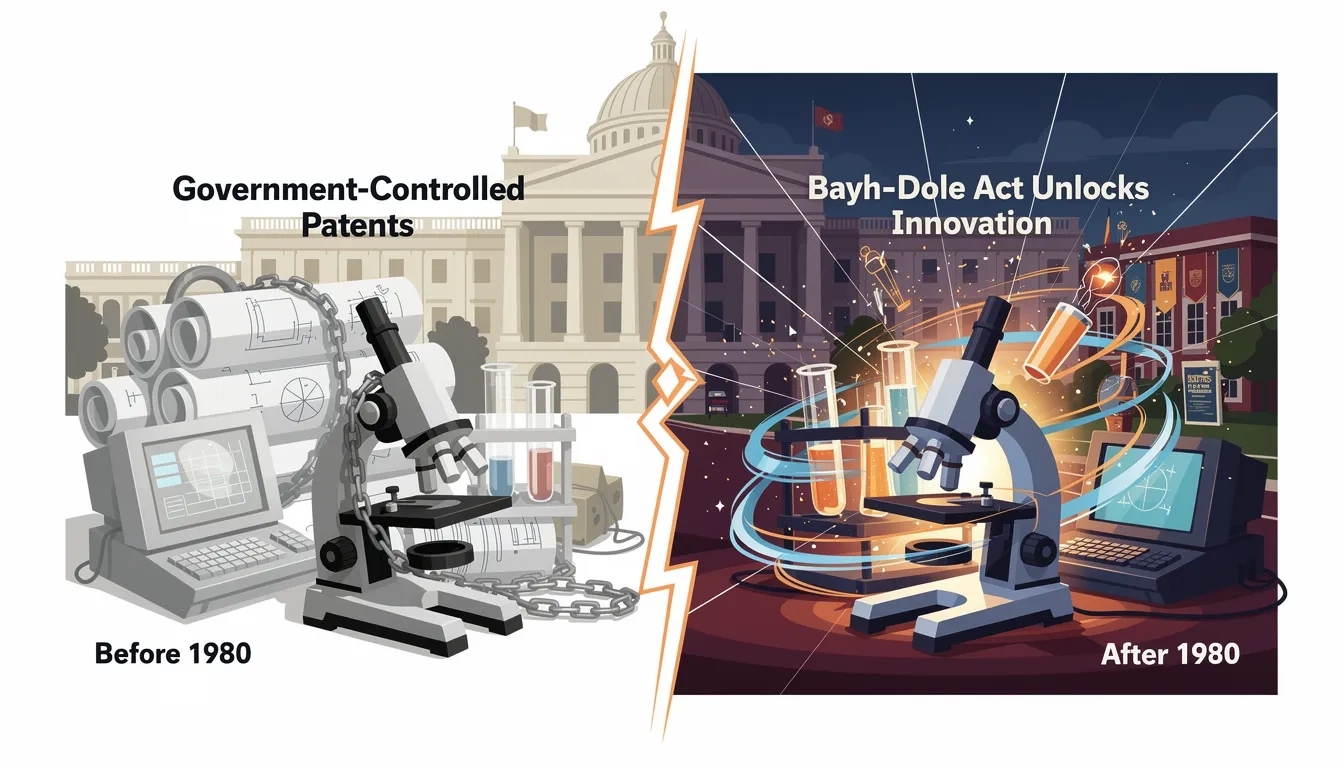 Split illustration showing federally locked research before 1980 versus university-commercialized research after the Bayh-Dole Act