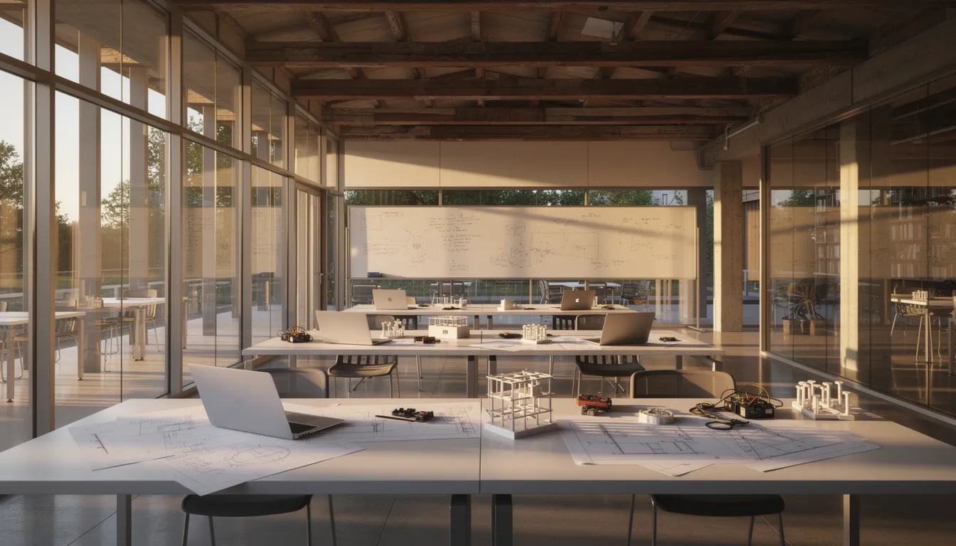 Sunlit university innovation building with collaborative workspaces and prototype models