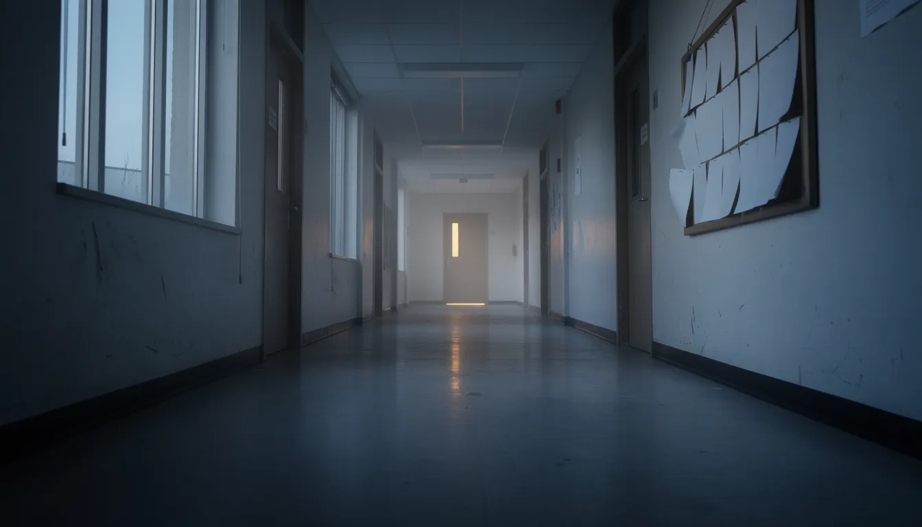 Empty university hallway with a single lit office door at dusk, symbolizing gaps in campus mental health support