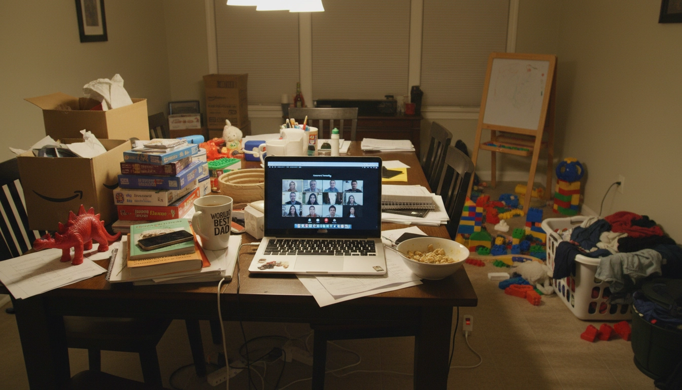 A makeshift home learning setup during the pandemic, illustrating the emergency nature of remote schooling rather than designed online education