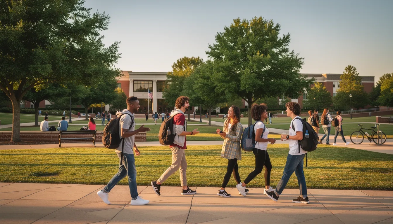 College students walking across a university campus