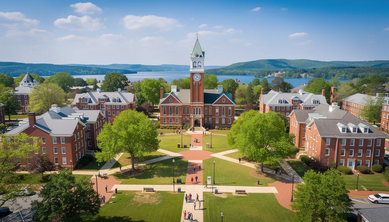 Aerial view of Clemson University campus with Tillman Hall clock tower