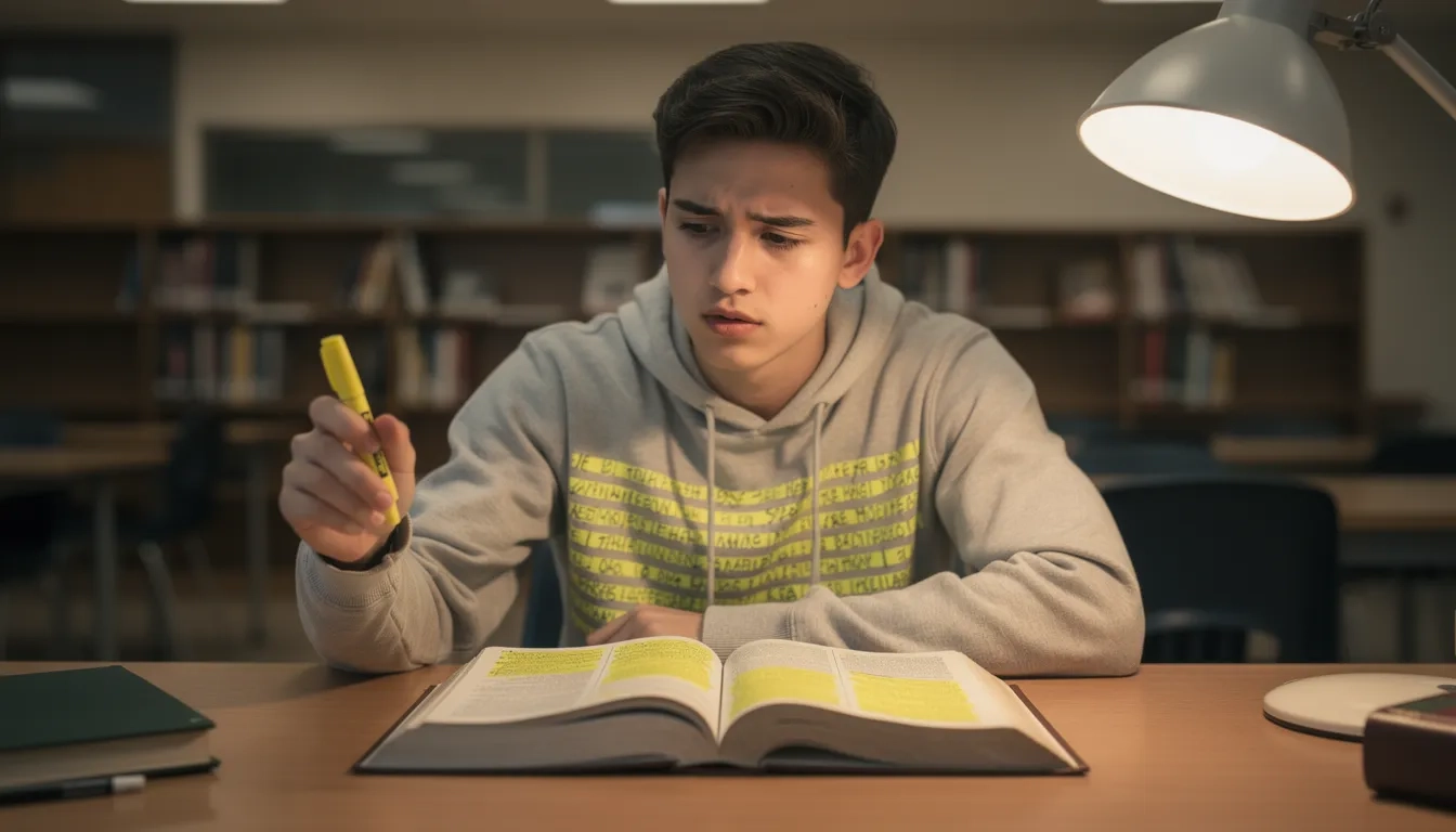 Student sitting at a desk with an open textbook, highlighter in hand, looking unfocused and mentally distant