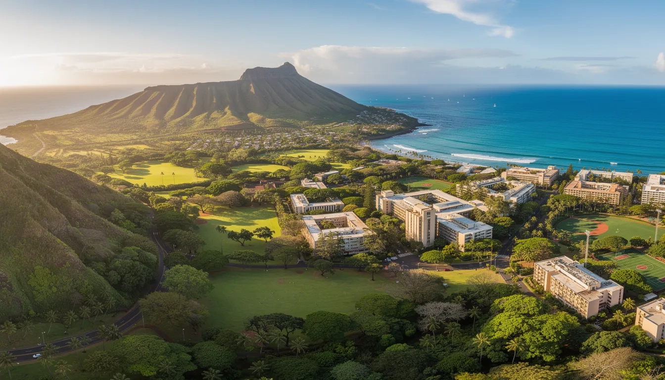 Aerial view of University of Hawaii at Manoa campus with Diamond Head and Pacific Ocean in the background