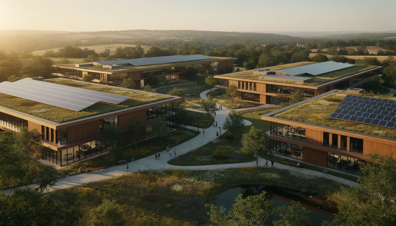 Aerial view of a sustainable university campus with solar panels, green roofs, and tree-lined pathways at golden hour