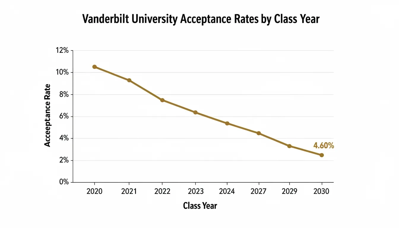 Chart showing Vanderbilt University acceptance rate decline from 2020 to 2030