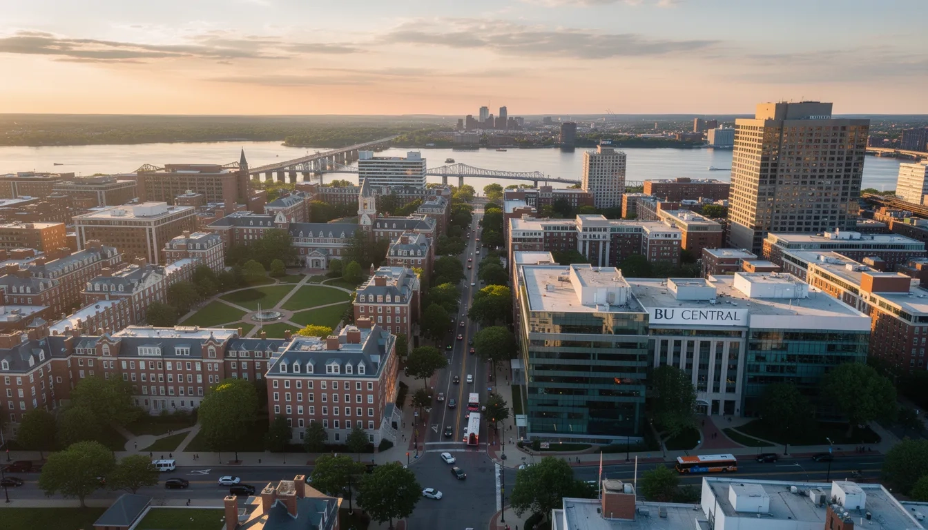 Aerial view of Boston University campus along Commonwealth Avenue