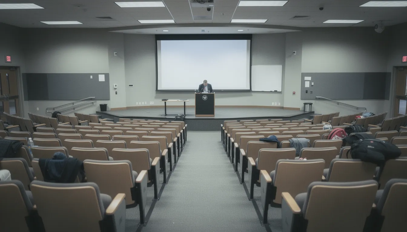 Empty university lecture hall with a professor standing alone at the podium