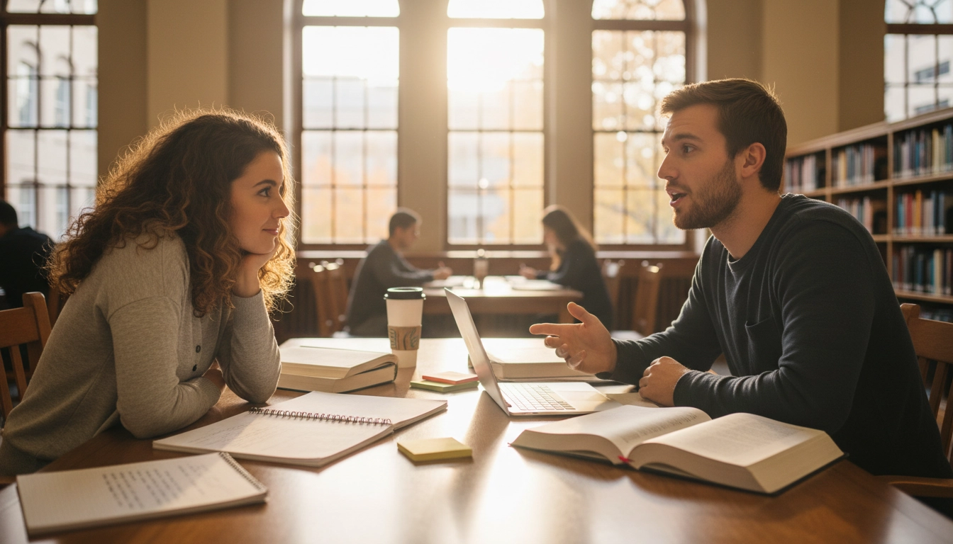 Two college students engaged in a peer mentoring conversation at a campus library