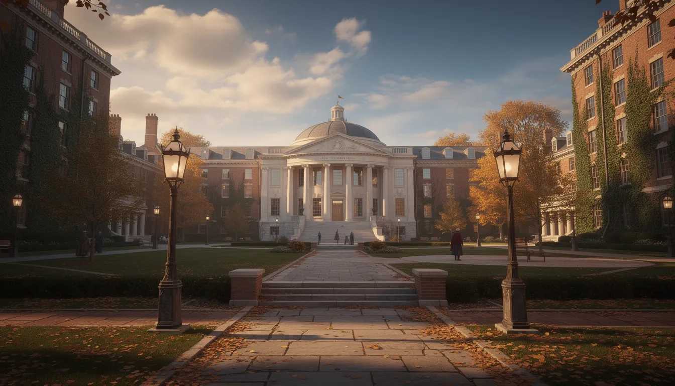Neoclassical university campus quadrangle bathed in golden hour light