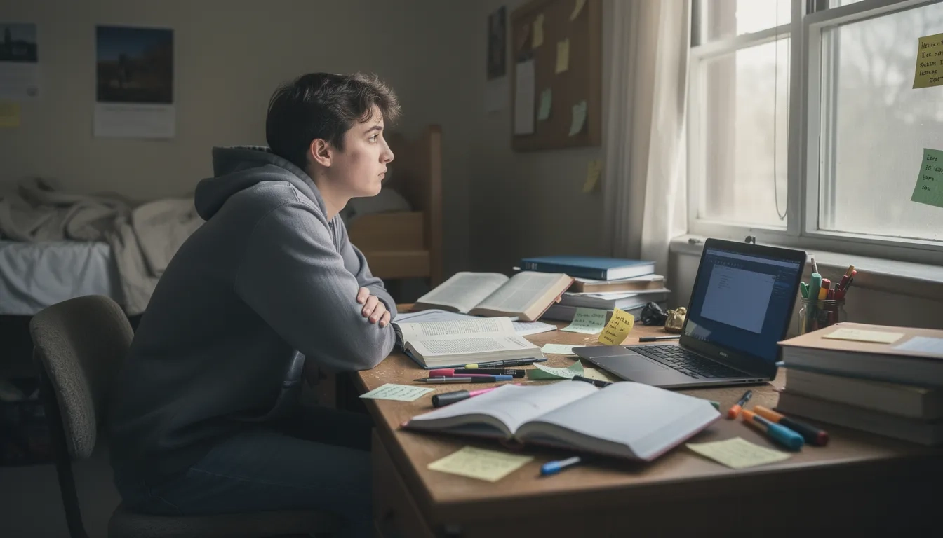 College student struggling to focus at a messy desk