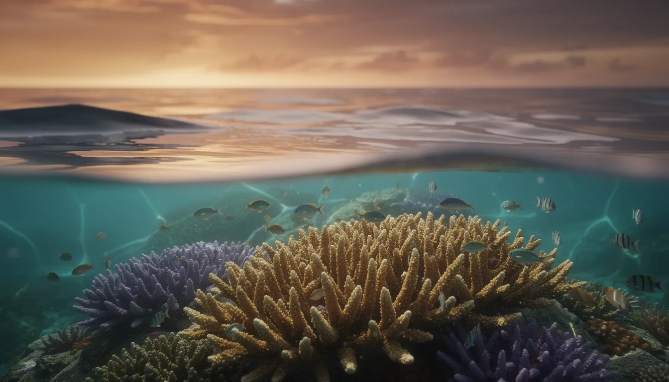 Split underwater and above-water view of a coral reef at golden hour