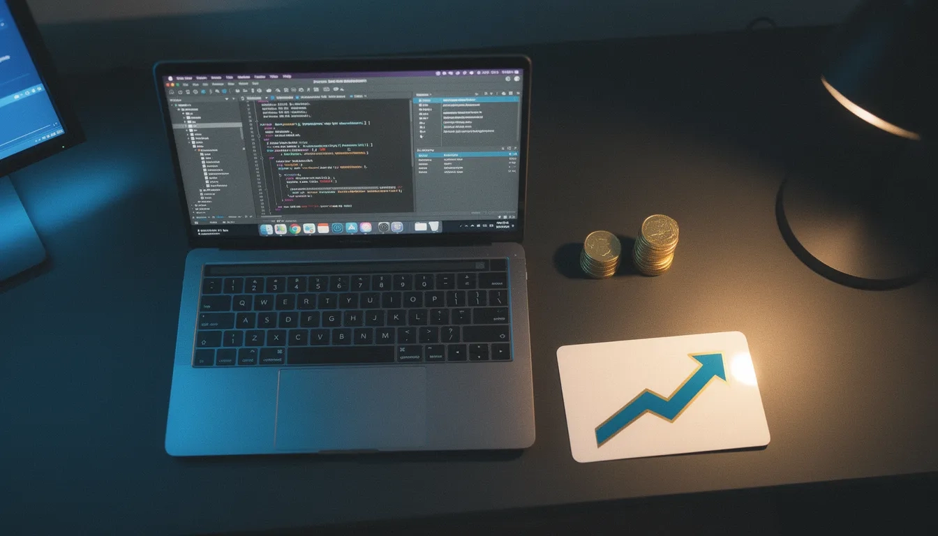 Laptop with code editor beside coins and an upward salary trend graph