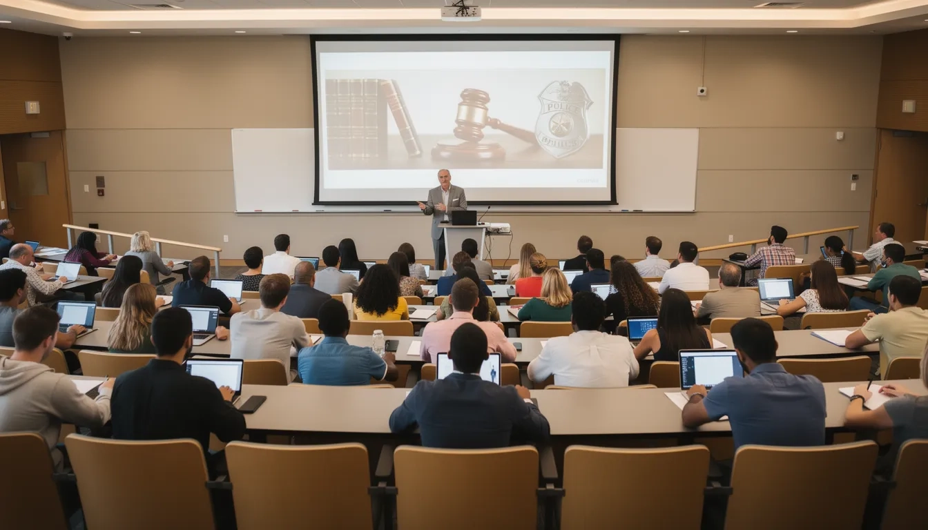 Students in a criminal justice university lecture hall