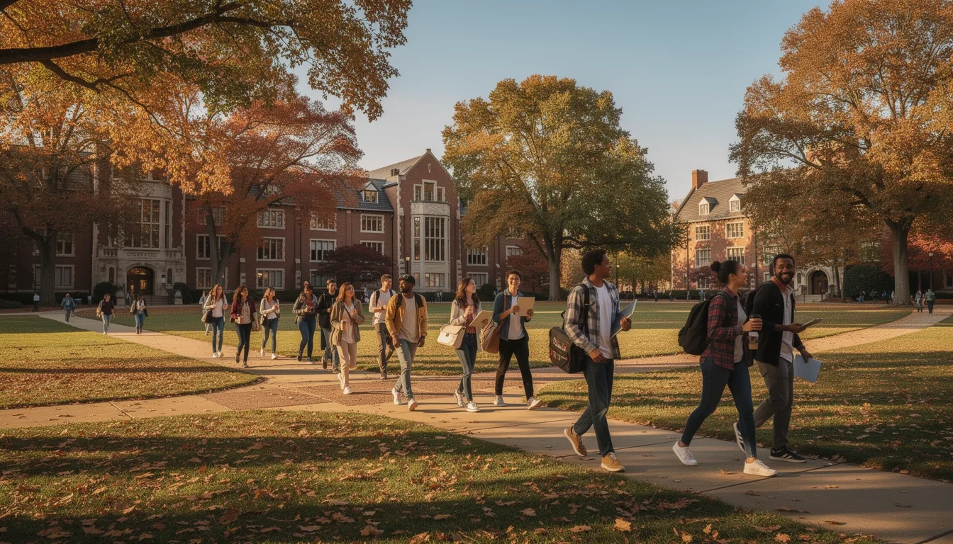 College students walking across a university campus quad