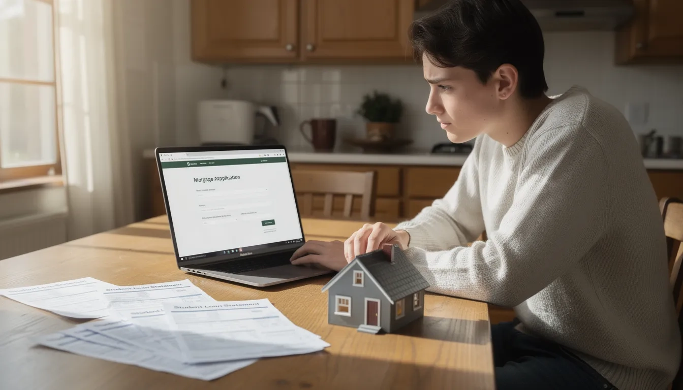 Person reviewing mortgage application alongside student loan documents