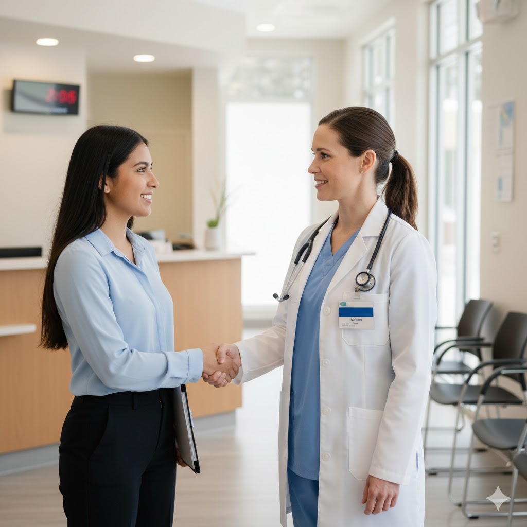 student interviewing for an internship at a health clinic
