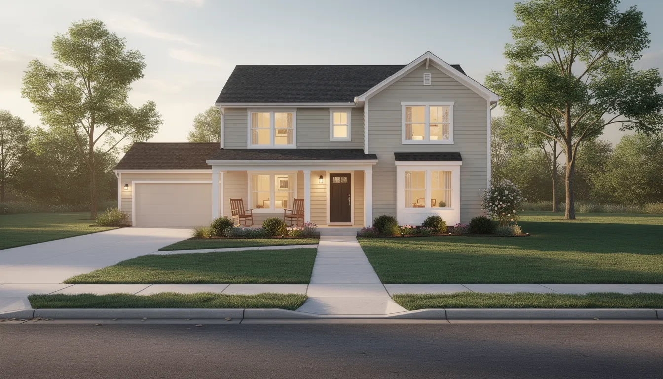 A family's primary residence home exterior with a manicured lawn