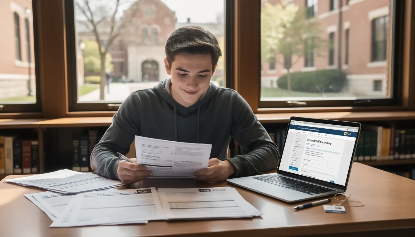 Michigan college student reviewing financial aid documents at a campus library