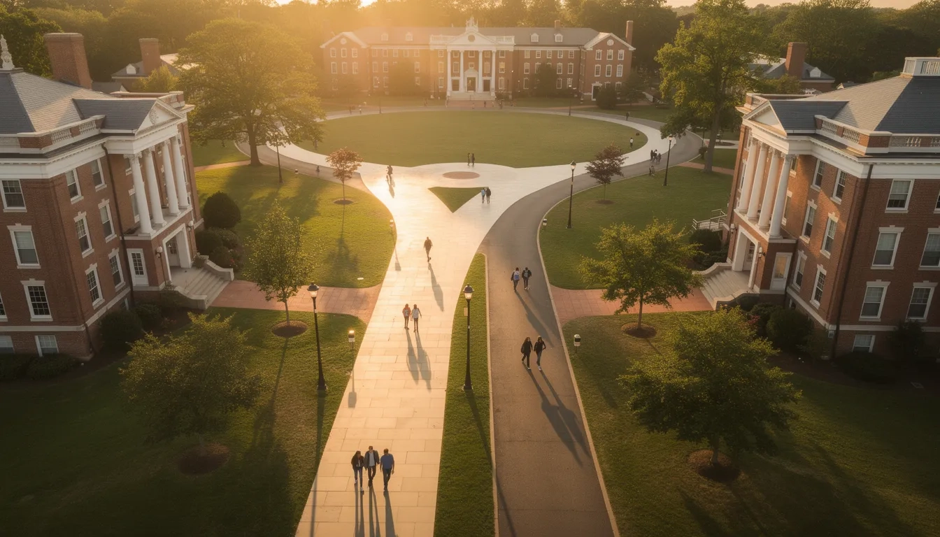 Two diverging paths on a university campus symbolizing the split between merit and need-based financial aid
