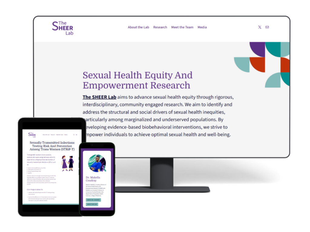 The SHEER Lab website, a research lab website for public health research designed by Jennifer van Alstyne of The Academic Designer LLC. This graphic shows the website on desktop, tablet, and mobile screens.