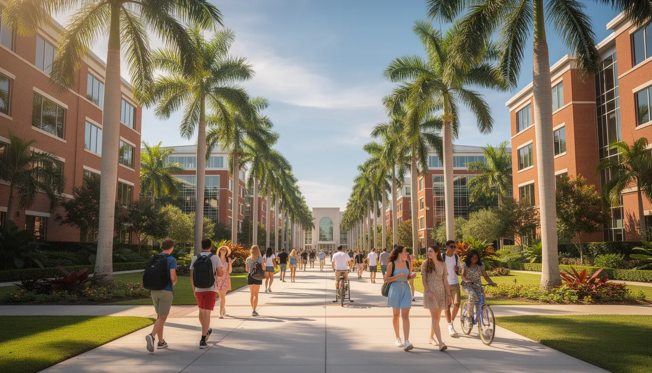 Florida college campus with palm trees and students walking to class