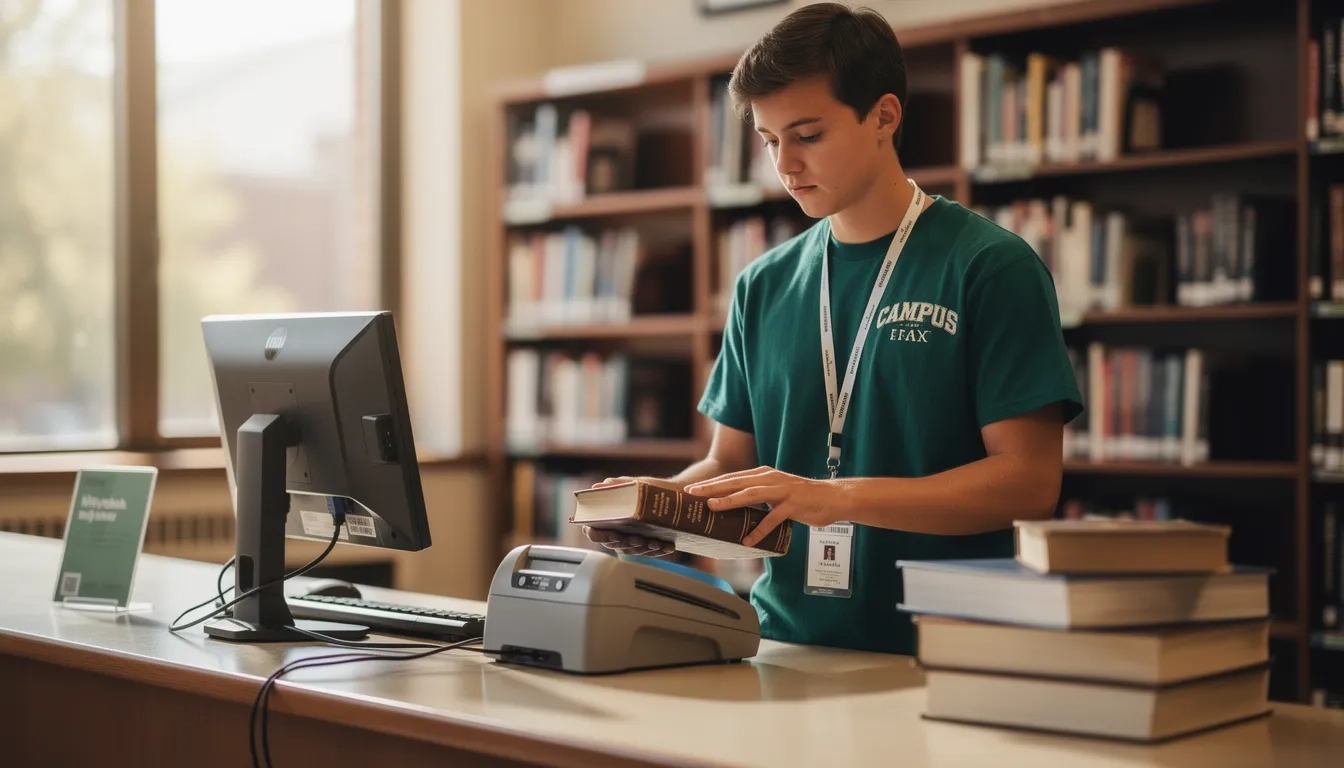 College student working at a campus library circulation desk as part of Federal Work-Study