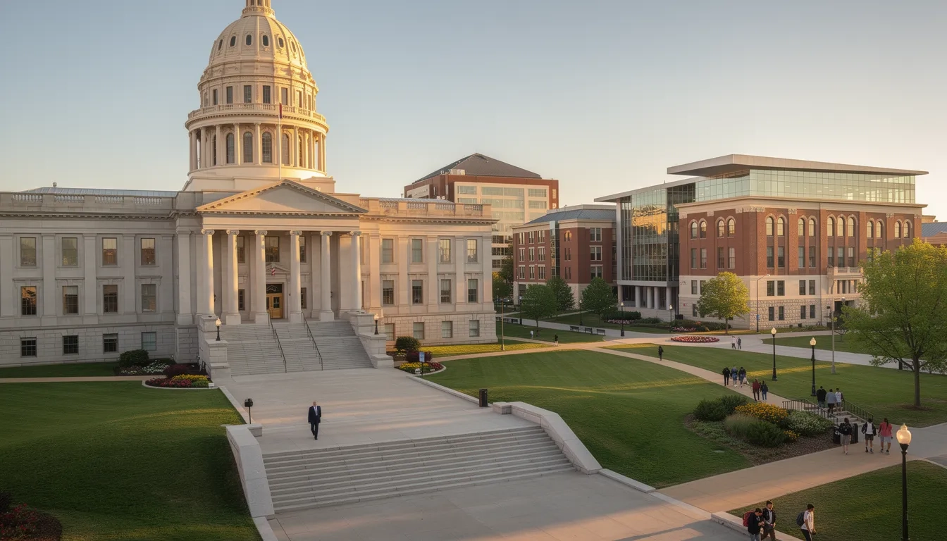 State capitol building with a public university campus in the background